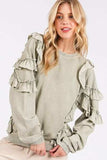 Mittoshop Ruffled Mineral Washed Round Neck Long Sleeve Sweatshirt - Trendsi - Flyclothing LLC