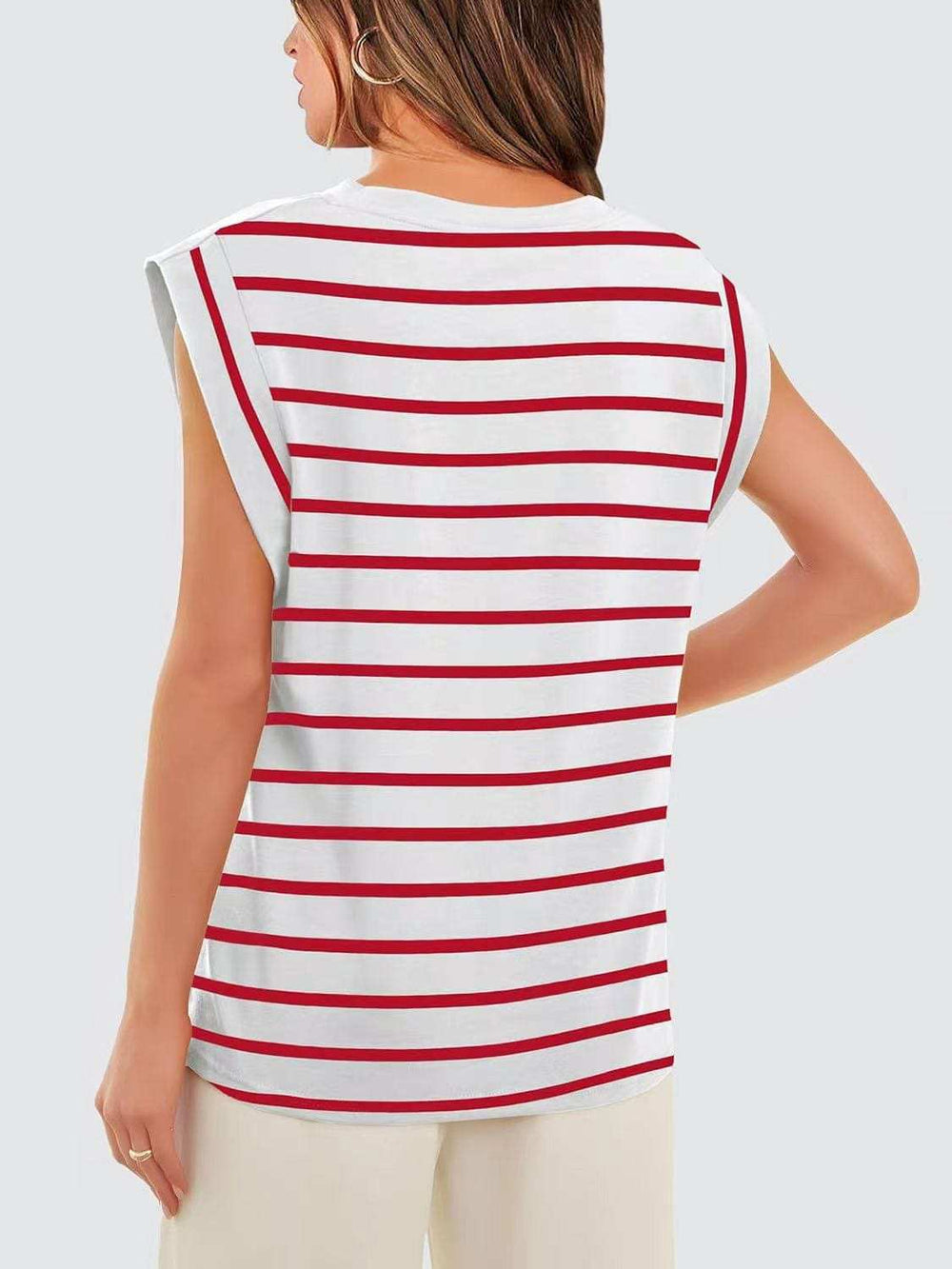 Striped Round Neck Cap Sleeve T-Shirt - Trendsi - Flyclothing LLC