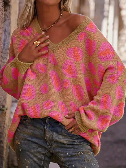 Leopard Oversized V-Neck Sweater - Trendsi - Flyclothing LLC