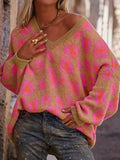 Leopard Oversized V-Neck Sweater - Trendsi - Flyclothing LLC
