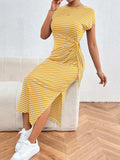 Tied Striped Round Neck Short Sleeve Tee Dress - Trendsi - Flyclothing LLC