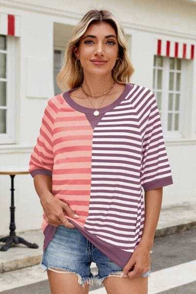 Striped Round Neck Half Sleeve T-Shirt - Trendsi - Flyclothing LLC