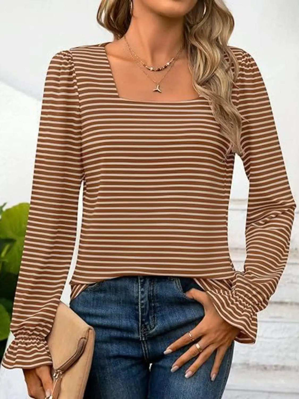 Striped Square Neck Flounce Sleeve Top - Trendsi - Flyclothing LLC