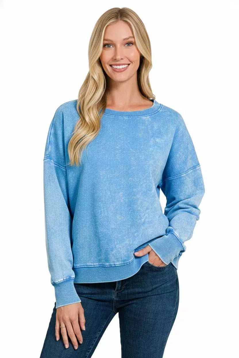 Zenana French Terry Acid Wash Boat Neck Sweatshirt - Trendsi - Flyclothing LLC