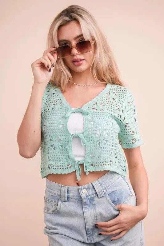 VERY J Front Tie Crochet Crop Top - Trendsi - Flyclothing LLC