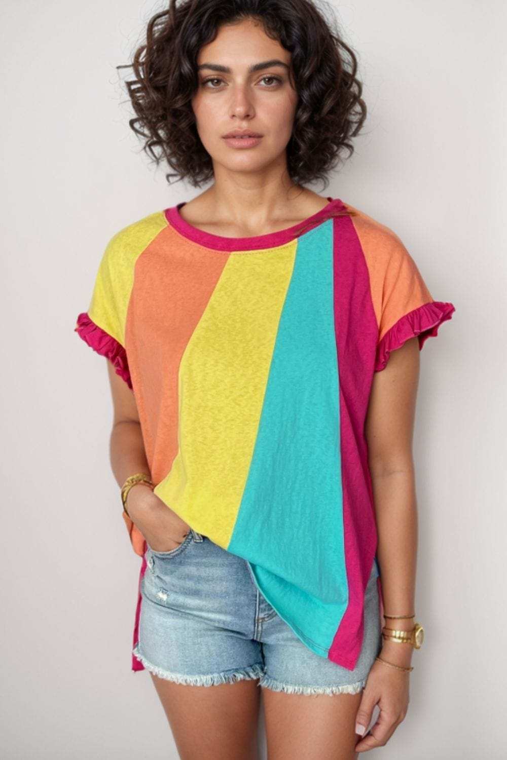 Frill Color Block Crew Neck Loose Fit T Shirt - Trendsi - Flyclothing LLC
