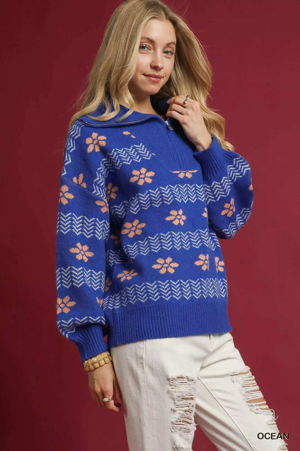 Umgee Floral Patterned Jacquard Quarter-Zip Pullover Sweater - Trendsi - Flyclothing LLC