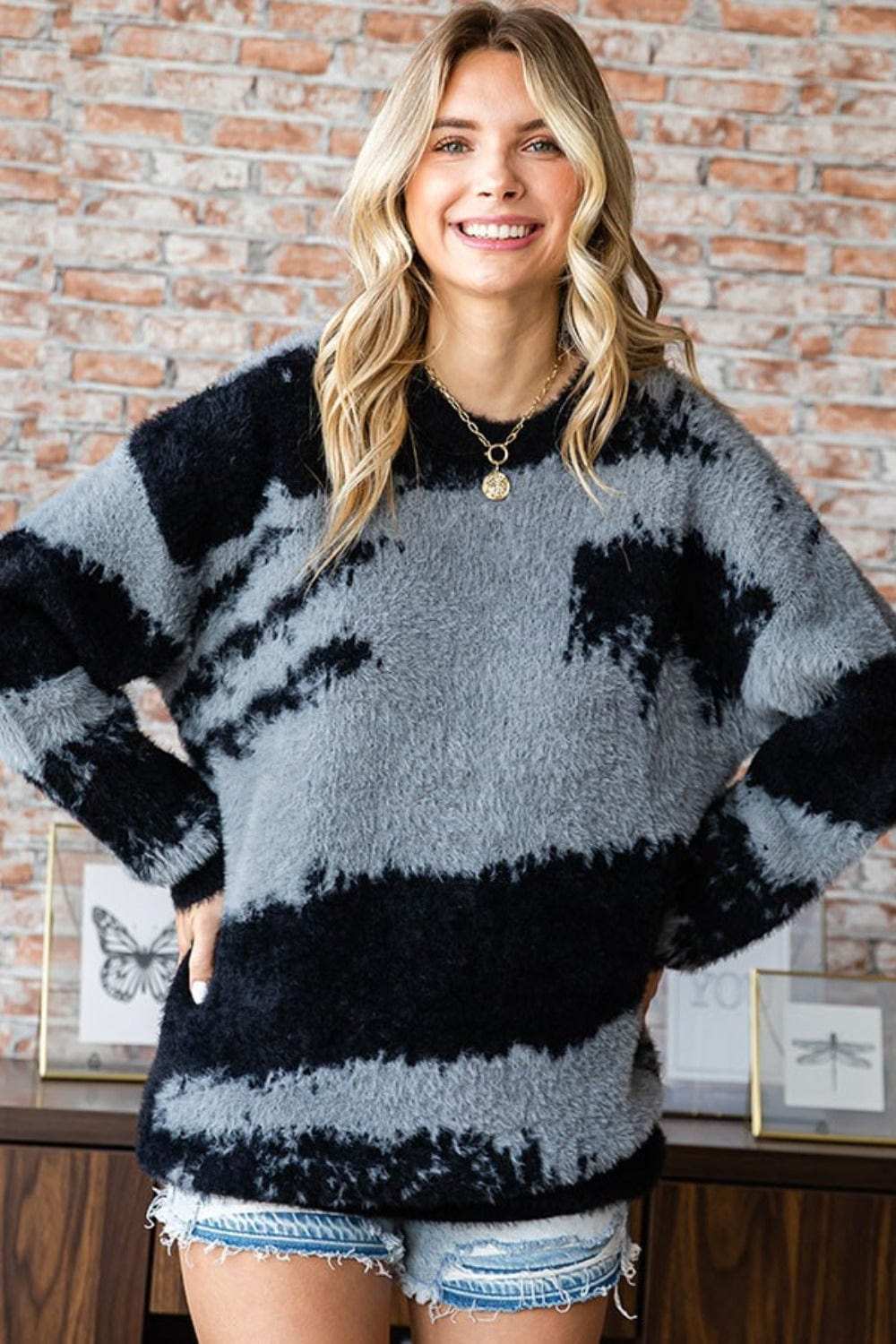 First Love Full Size Abstract Pattern Contrast Feather Yarn Sweater - Trendsi - Flyclothing LLC