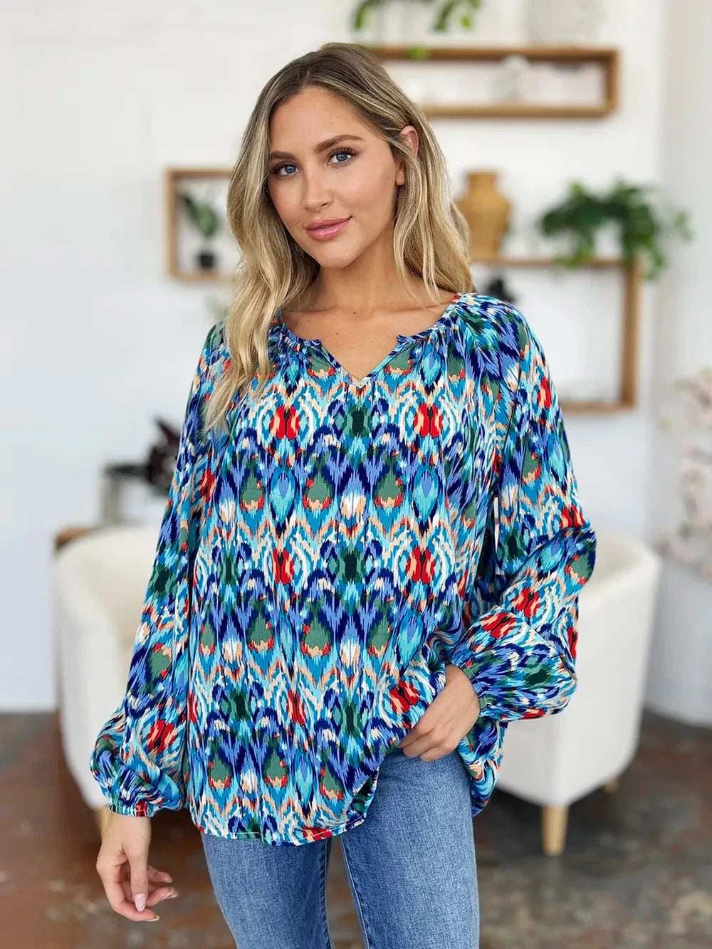 Double Take Full Size Printed Balloon Sleeve Blouse - Trendsi - Flyclothing LLC