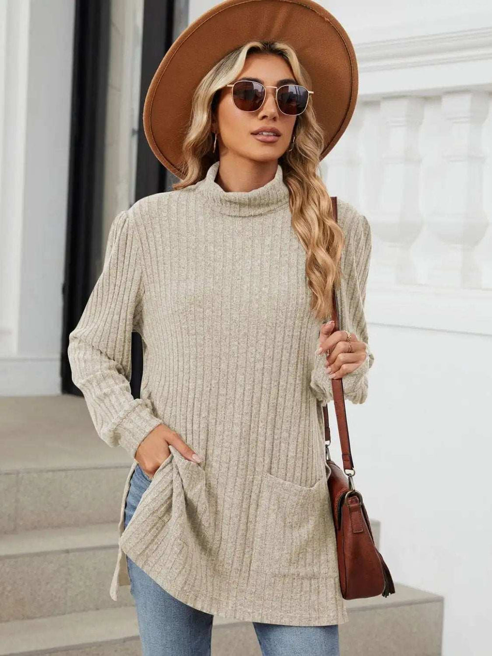 Slit Mock Neck Long Sleeve T-Shirt - Trendsi - Flyclothing LLC