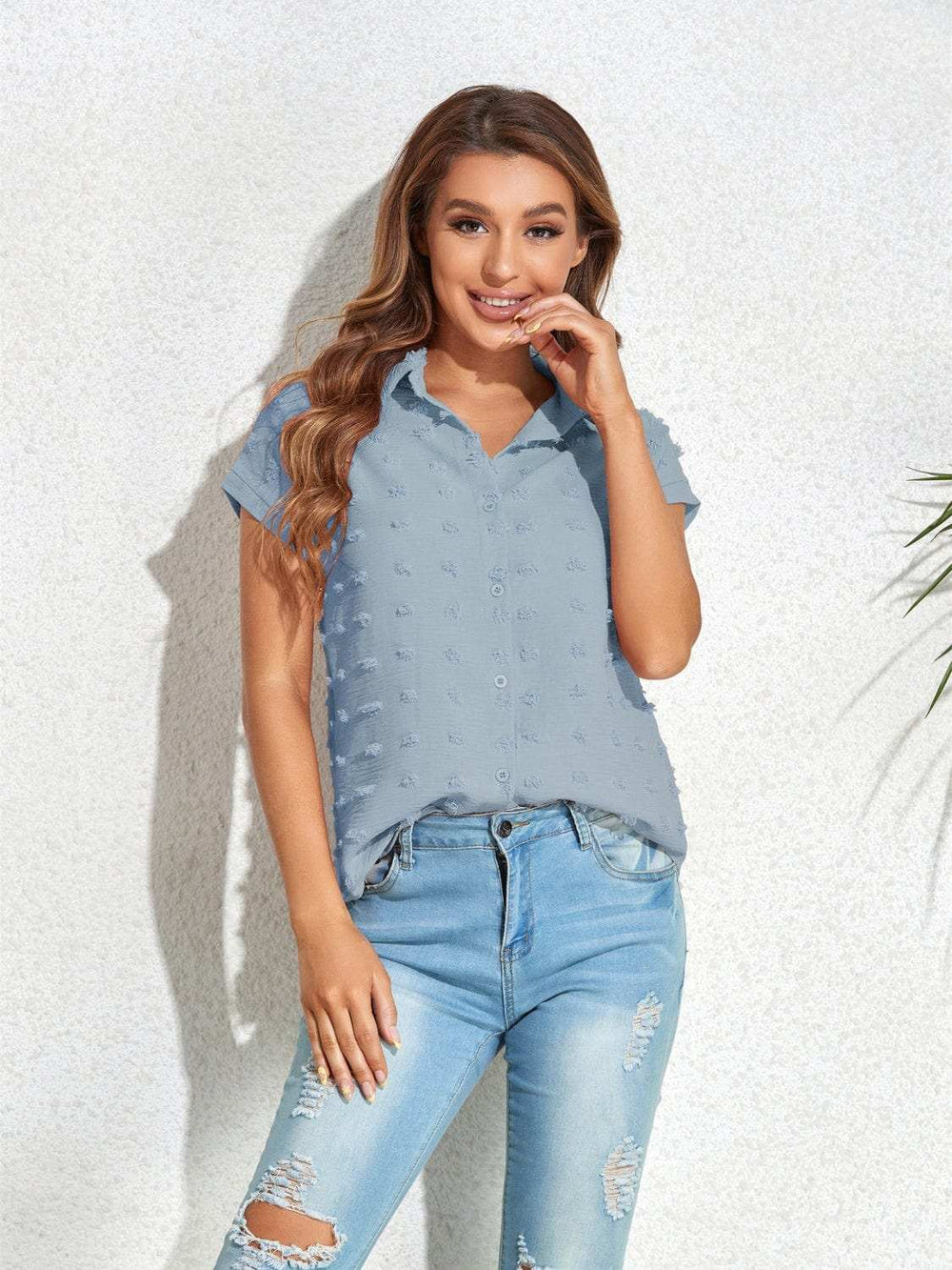 Swiss Dot Button Up Cap Sleeve Shirt - Trendsi - Flyclothing LLC