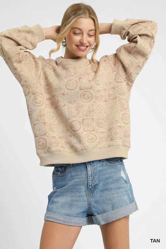 Umgee Coin Stamp Print Sweatshirt - Trendsi - Flyclothing LLC