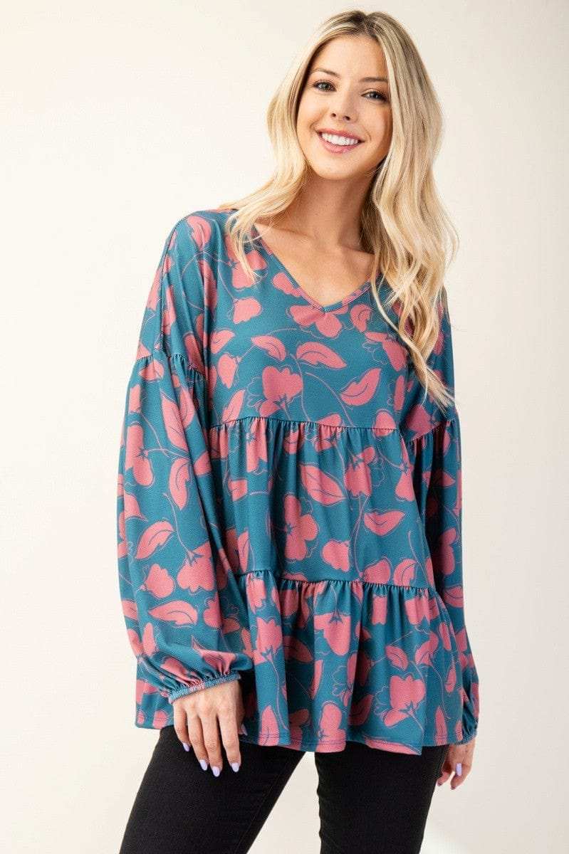 Celeste Full Size Tiered Floral V-Neck Long Sleeve Blouse - Trendsi - Flyclothing LLC