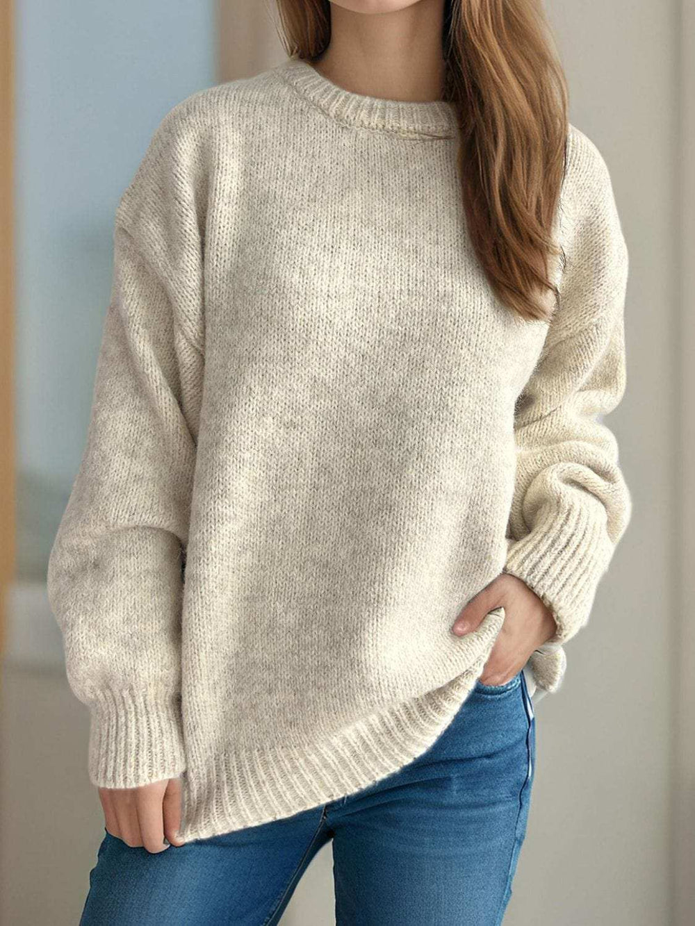 Round Neck Long Sleeve Sweater - Trendsi - Flyclothing LLC