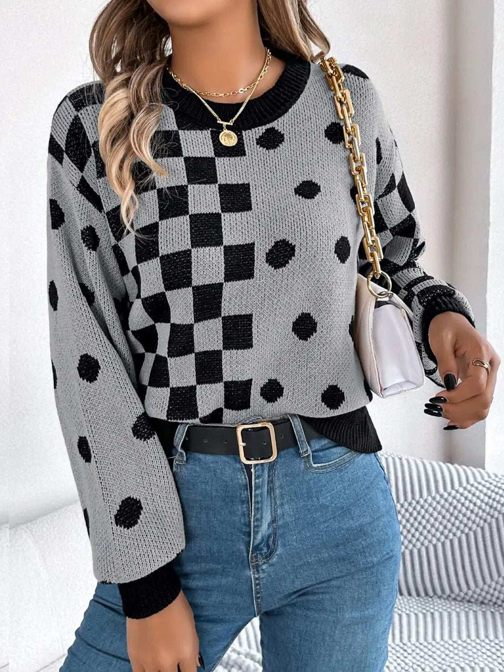 Plaid Round Neck Long Sleeve Sweater - Trendsi - Flyclothing LLC