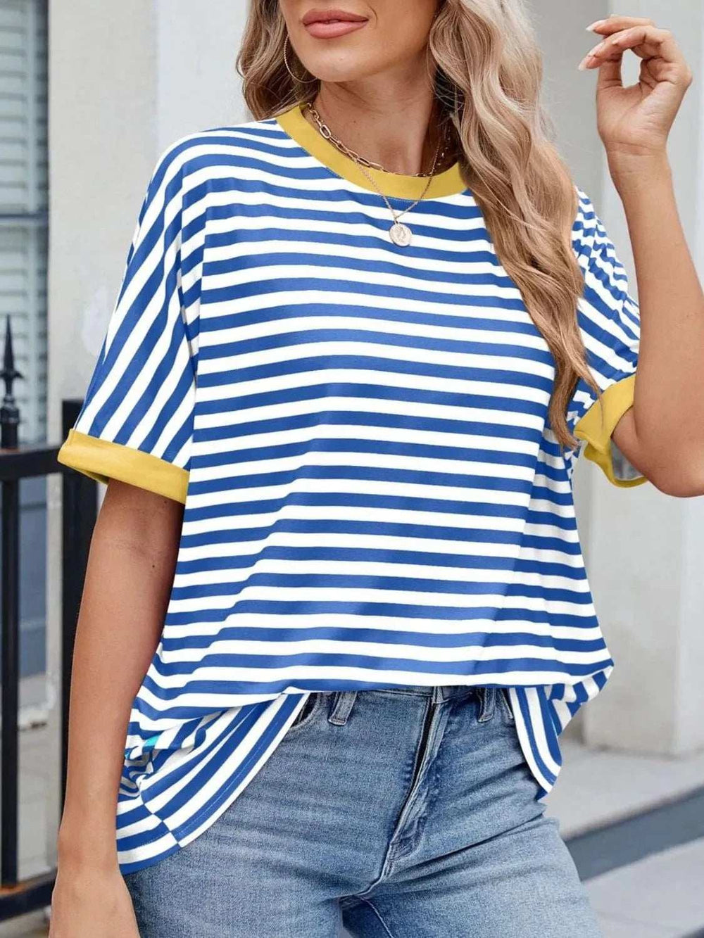 Striped Round Neck Half Sleeve T-Shirt - Trendsi - Flyclothing LLC
