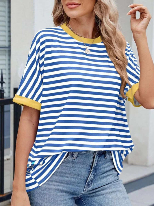 Striped Round Neck Half Sleeve T-Shirt - Trendsi - Flyclothing LLC