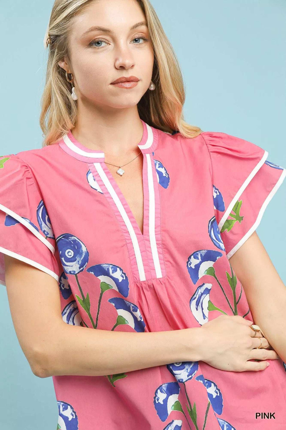 Umgee Blossom Meadow Print Blouse with Contrast Trim - Trendsi - Flyclothing LLC