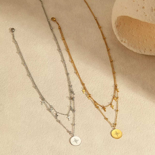 18K Gold-Plated Cross Double Layered Pendant Necklace - Trendsi - Flyclothing LLC