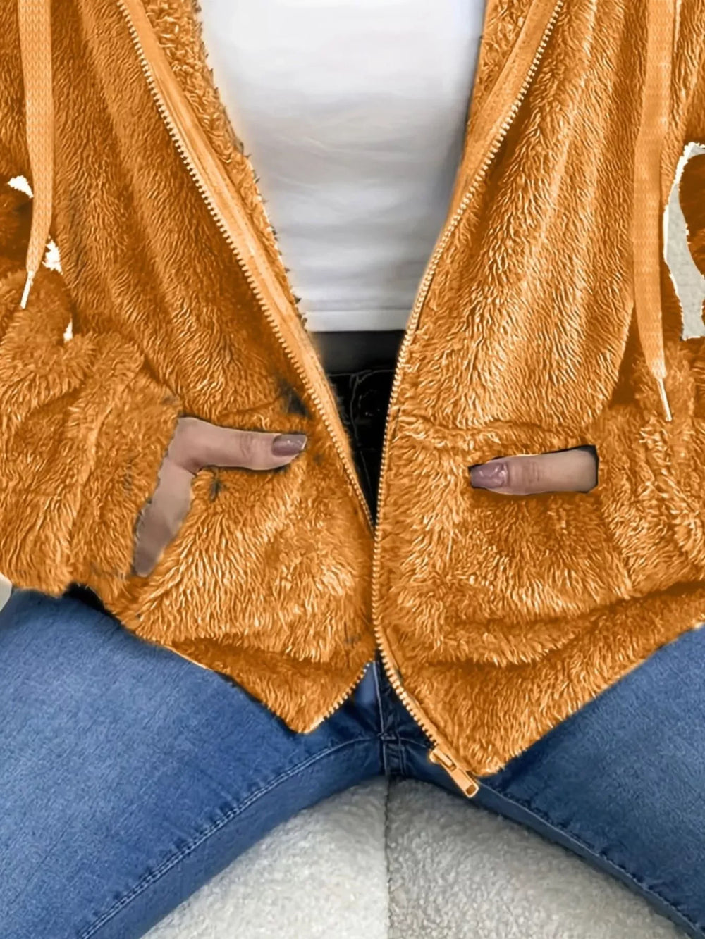 Drawstring Fleece Zip-Up Outerwear - Trendsi - Flyclothing LLC