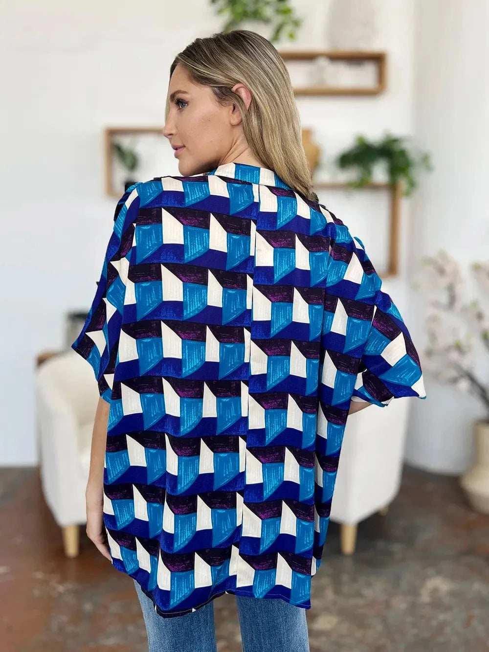 Double Take Full Size Geometric Notched Half Sleeve Blouse - Trendsi - Flyclothing LLC