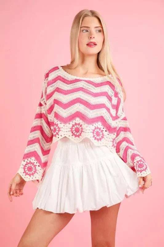 VERY J Chevron/Floral Pattern Crochet Knit Top - Trendsi - Flyclothing LLC