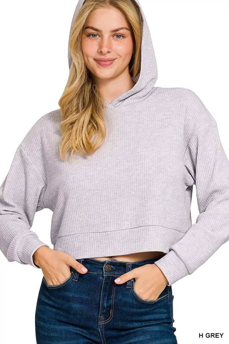 Zenana Drop Shoulder Ribbed Crop Hoodie - Trendsi - Flyclothing LLC