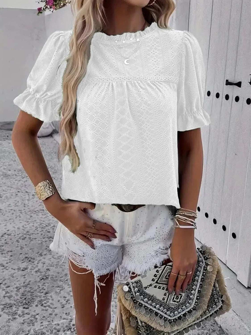 Frill Round Neck Short Sleeve Blouse - Trendsi - Flyclothing LLC