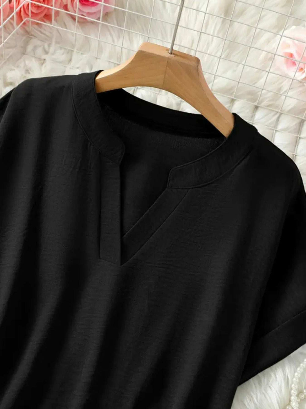 Casual Notched Short Sleeve Blouse - Trendsi - Flyclothing LLC