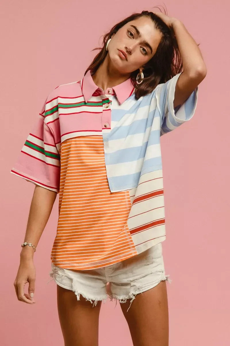 BiBi Mix And Match Stripe Color Block Shirt - Trendsi - Flyclothing LLC