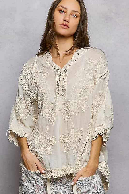 POL Floral Embroidered Top with Trim Edge - Trendsi - Flyclothing LLC
