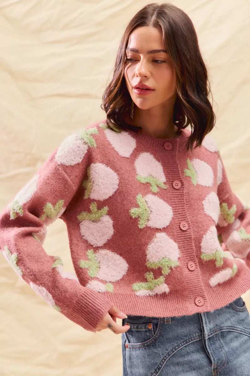 SO ME Strawberry Fruit All Over Button Sweater Cardigan - Trendsi - Flyclothing LLC