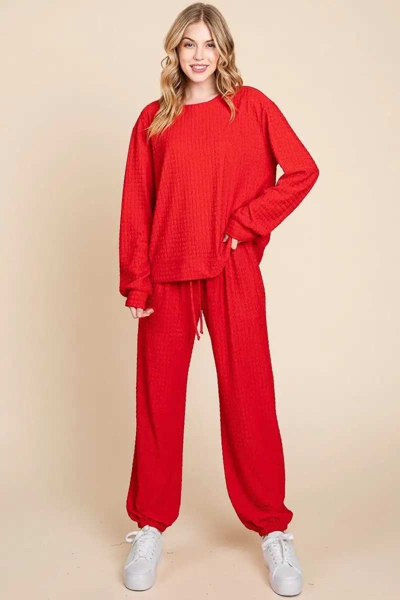 Super Lady Full Size Crinkle Check Round Neck Top and Pants Lounge Set - Trendsi - Flyclothing LLC