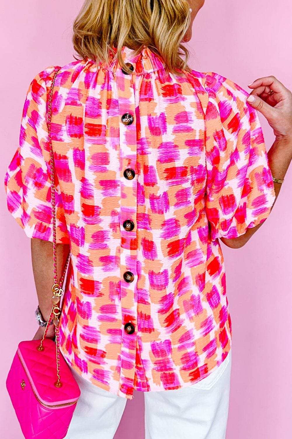 Abstract Print Button Back Ruffed Mock Neck Blouse - Trendsi - Flyclothing LLC