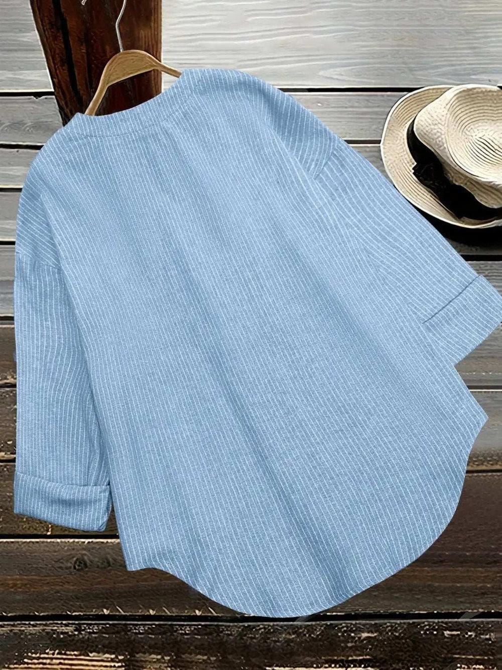 Striped Notched Long Sleeve Blouse - Trendsi - Flyclothing LLC