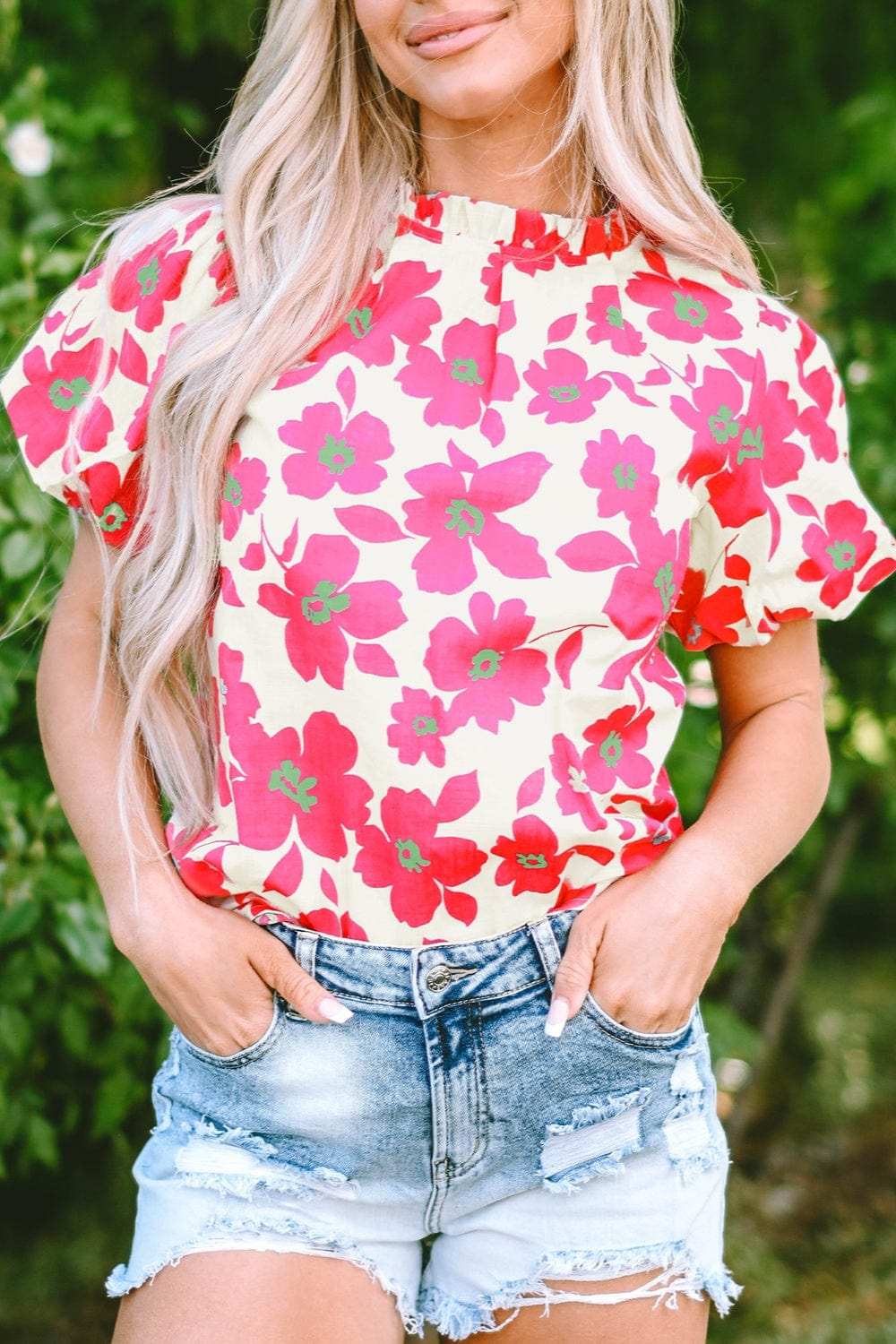 Printed Mock Neck Puff Sleeve Blouse - Trendsi - Flyclothing LLC