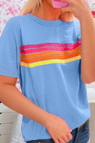 Striped Round Neck Short Sleeve T-Shirt - Trendsi - Flyclothing LLC
