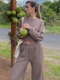Waffle-Knit Round Neck Top and Pants Set - Trendsi - Flyclothing LLC