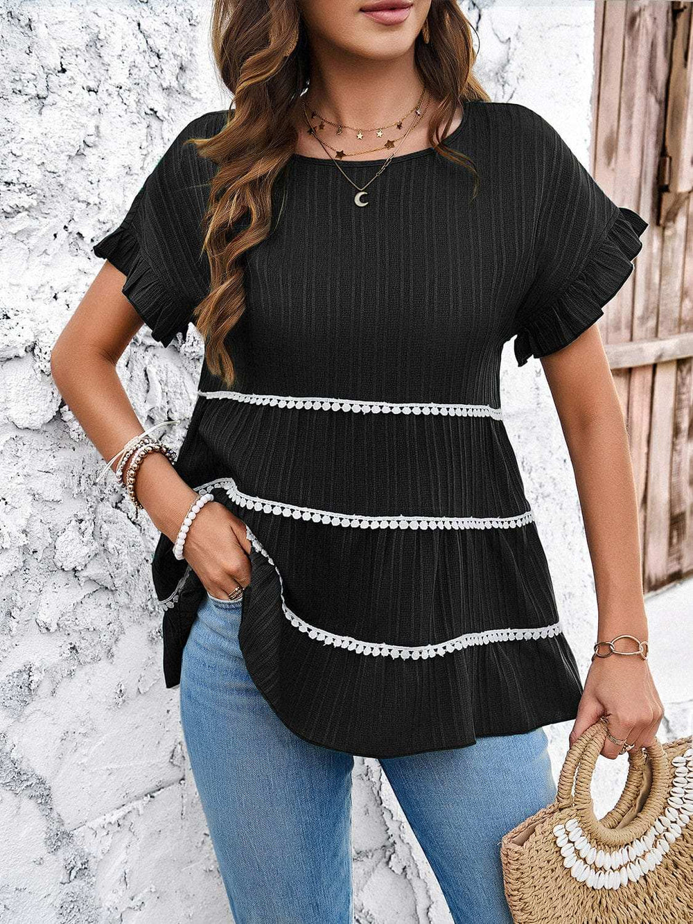 Round Neck Flounce Sleeve Blouse - Trendsi - Flyclothing LLC