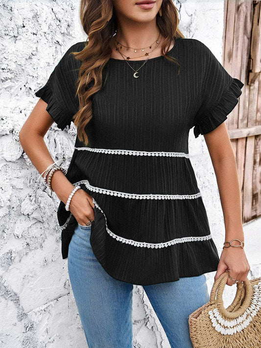 Round Neck Flounce Sleeve Blouse - Trendsi - Flyclothing LLC