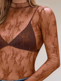 Floral Mock Neck Long Sleeve Mesh Top - Trendsi - Flyclothing LLC