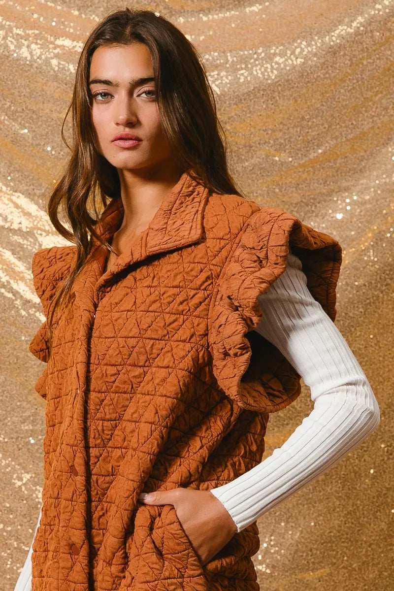 BiBi Quilting Knit Ruffle Sleeve Vest - Trendsi - Flyclothing LLC