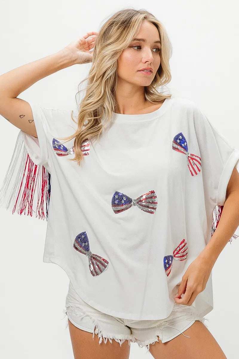 BiBi American Flag Sequin Ribbon T-Shirt - Trendsi - Flyclothing LLC