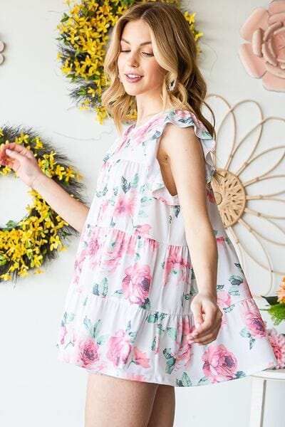 Heimish Full Size Butterfly Short Sleeve Round Neck Floral Print Tiered Top Plus Size - Trendsi - Flyclothing LLC