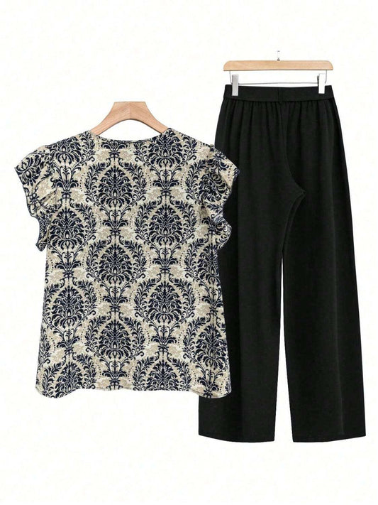 Printed Ruffled Cap Sleeve Top and Pants Set - Trendsi - Flyclothing LLC