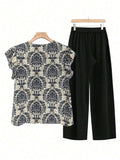 Printed Ruffled Cap Sleeve Top and Pants Set - Trendsi - Flyclothing LLC