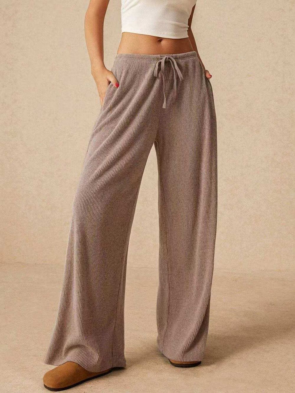 Ribbed Drawstring Wide Leg Pants - Trendsi - Flyclothing LLC