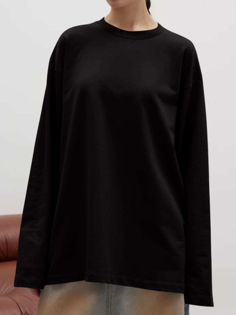 Round Neck Dropped Shoulder Long Sleeve T-Shirt - Trendsi - Flyclothing LLC