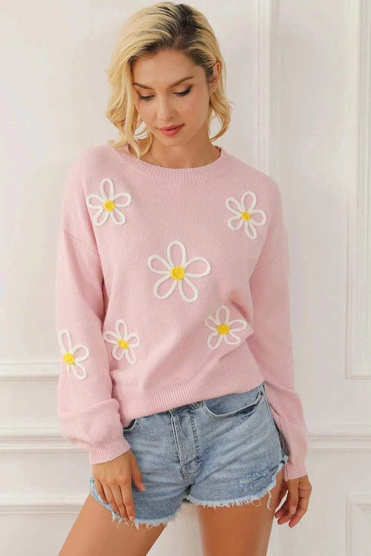 Flower Round Neck Dropped Shoulder Sweater - Trendsi - Flyclothing LLC