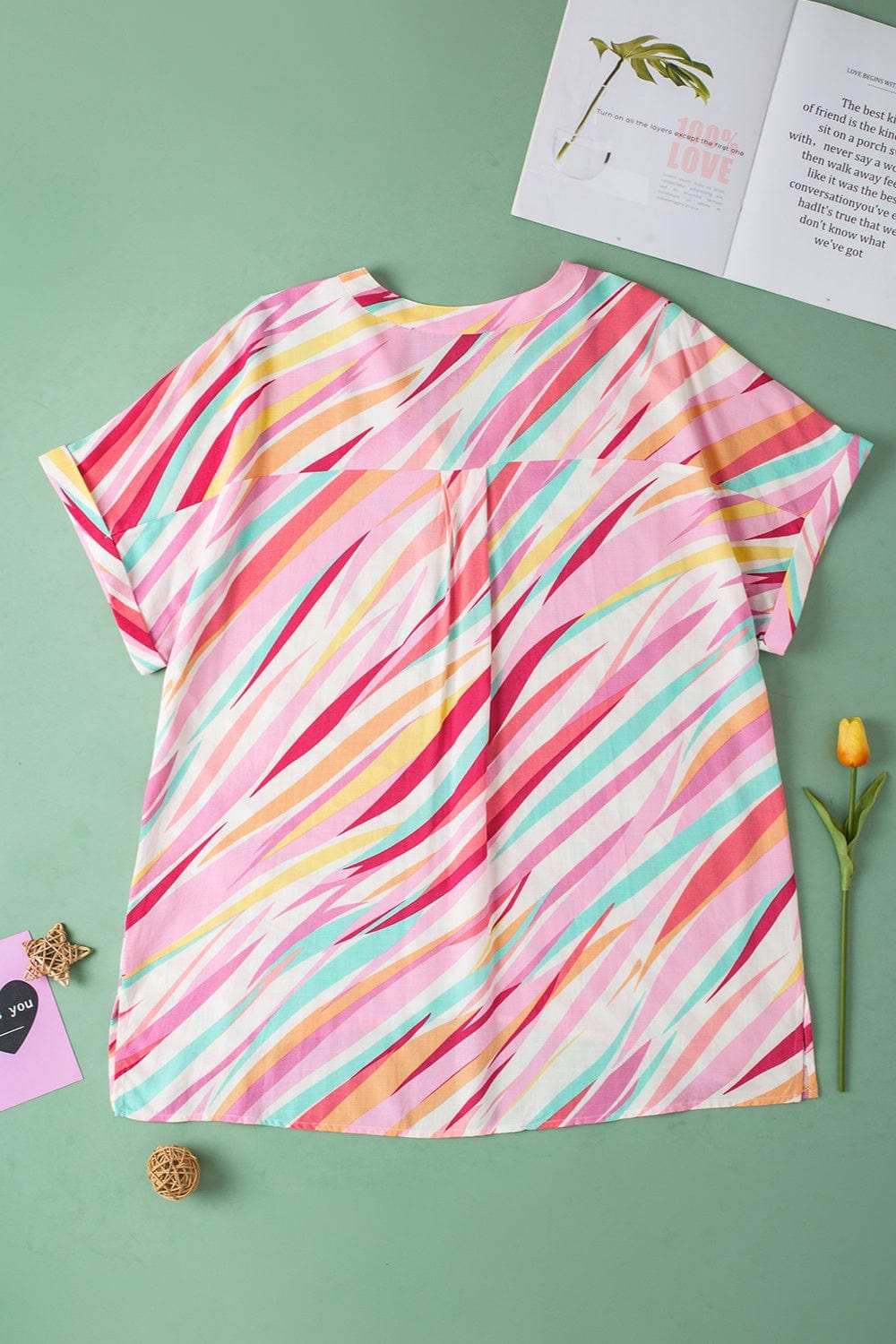 Plus Size Printed Notched Short Sleeve Blouse - Trendsi - Flyclothing LLC